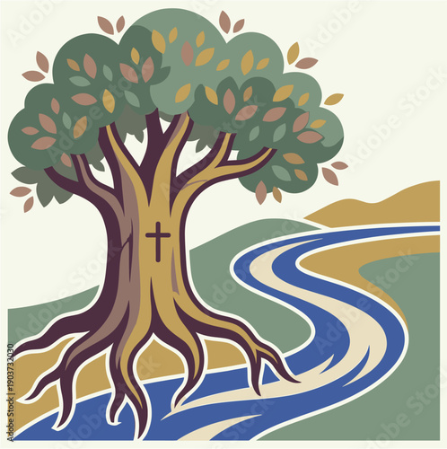 Tree of life with river and cross