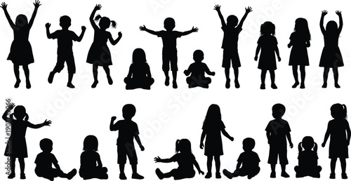 Children silhouettes standing, sitting and playing in different poses, happy childhood activities, playful kids group, black silhouette illustration isolated on white background