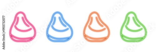 Neon glowing bean bag vector icons set, cozy seating, comfortable furniture, vibrant glowing outlines, relaxed modern digital design illustration.