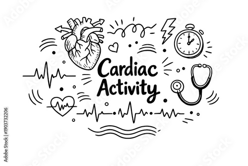 Cardiac Activity. Hand-drawn doodle illustration of Cardiac Activity. anatomical heart, ECG line, blood flow arrows,