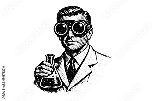 Black and white halftone illustration of a 1950s scientist wearing oversized laboratory goggles, upper-body figure