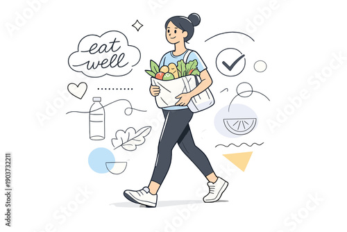 Clean eating routine. Person carrying a grocery bag with fruits and greens, upright posture, confident and positive mood