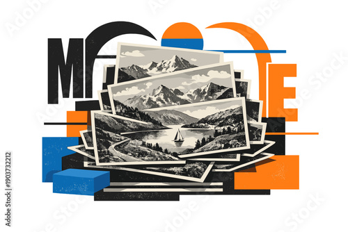 Stylized editorial collage centered on a landscape built from stacked and rotated vintage postcards in monochrome,