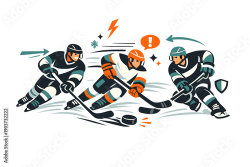 Winter team sport. Hockey players racing across the ice, sticks and puck creating sharp directional motion. Intensity