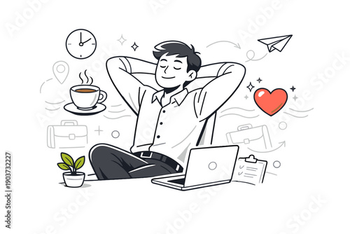 Work-life balance & care. Employee taking a mindful break, coffee cup and heart icons floating nearby, gentle motion