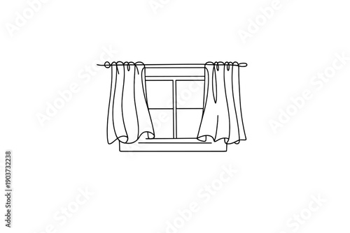 Cozy window curtains. Minimalistic one-line drawing small window with short curtains and gentle folds creating an