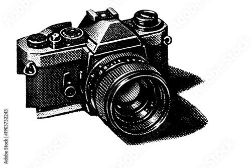 Black and white halftone editorial illustration of a vintage film camera under hard directional light, dramatic shadow