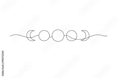 "Moon phases: celestial rhythm". Minimalistic one-line drawing of repeating crescent and full moon forms in balanced