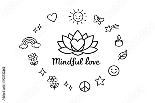 Mindful love. Hand-drawn doodle illustration of Mindful love. In the middle, one slightly larger central doodle drawing
