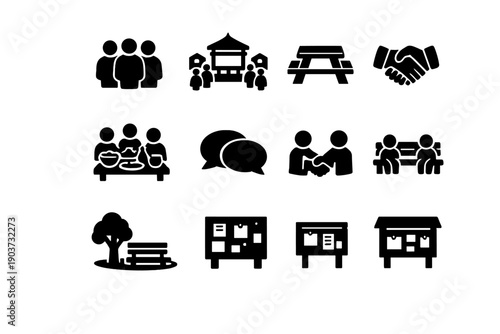Local gatherings. Filled icon set of Local gatherings: neighbors group, town square, picnic table, handshake greeting,