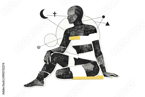 A seated figure with portions intentionally missing, torso and legs broken by blank cut-out gaps, black and white