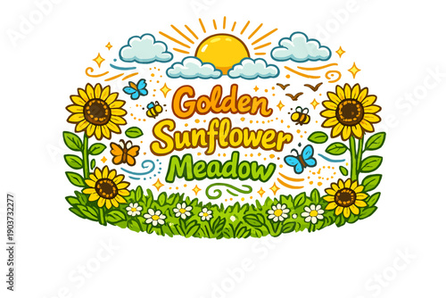 Golden Sunflower Meadow. Hand-drawn doodle illustration of Golden Sunflower Meadow. Tall sunflowers, golden petals, sun