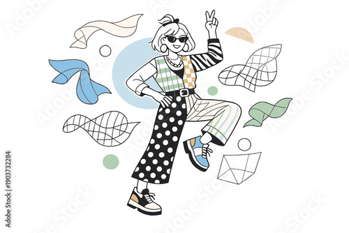 Fashion as identity. Person mixing patterns and textures, playful pose, confident smile, style as a personal statement.