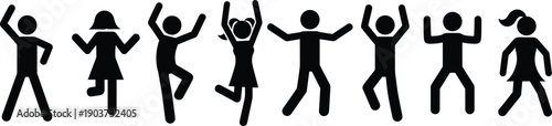 Vector Illustration Set of Dancing Stick Figure Characters Having Fun for Party Celebration Joyful Music Event and Active Lifestyle Designs