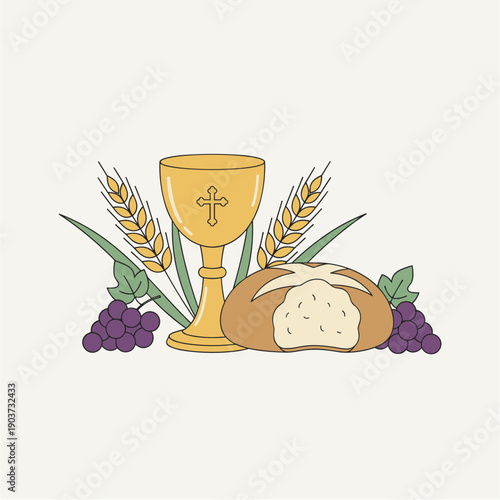 Bread wine and grapes still life