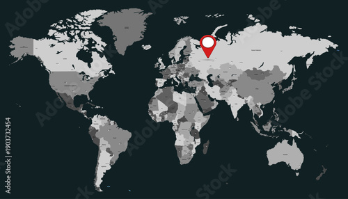 World map. Grey modern vector map. Color pointers.
