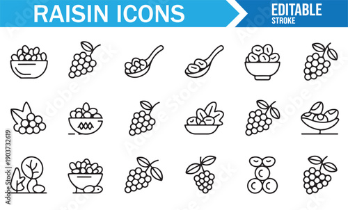 Raisin Ingredient Line Icons for Food Design