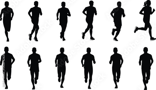 Vector Illustration Set of Runner Silhouettes Jogging in Different Poses for Fitness Sports Marathon Training Healthy Lifestyle and Athletic Graphic Design Projects