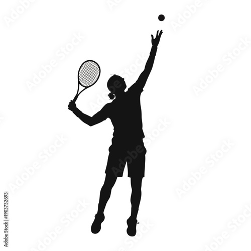 Tennis Player Serving Ball with Racket.