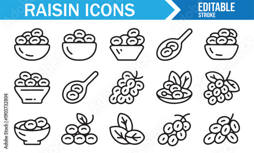 Dried Grape Raisin Line Icons Collection