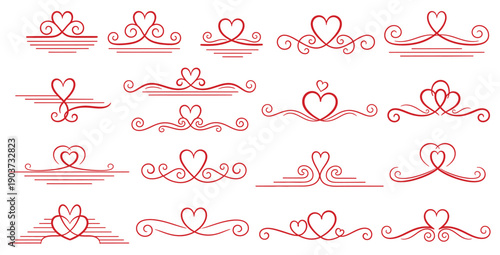 Collection of decorative red heart-shaped flourishes and elegant ornamental dividers perfect for wedding invitations or romantic Valentine's day designs