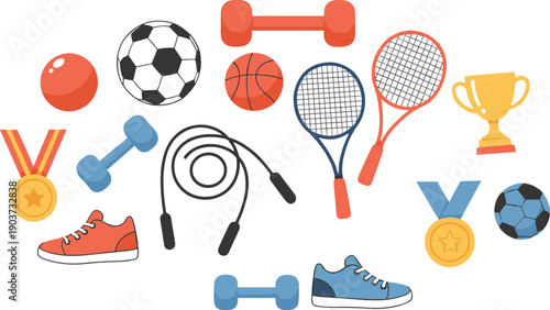 Sports and fitness equipment vector set with soccer ball tennis rackets dumbbells and gym shoes