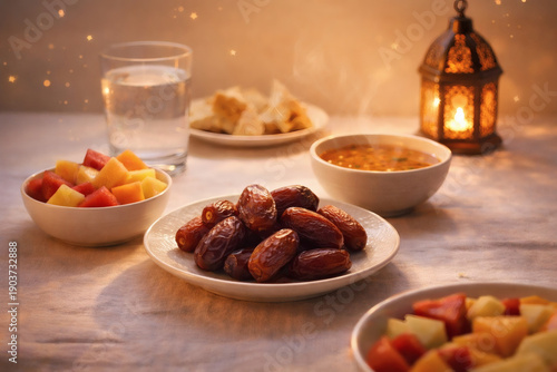 Delicious traditional iftar meal setting with dates and fruits on a table during ramadan with a lantern and soft lighting creating a warm ambiance perfect for breaking fast.