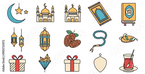 Collection of essential colorful flat design icons representing various spiritual elements associated with Islamic holidays and traditions like Ramadan and Eid celebrations