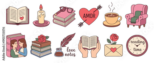 Charming collection, of romantic and literary icons, celebrating reading, love, and cozy heartfelt moments