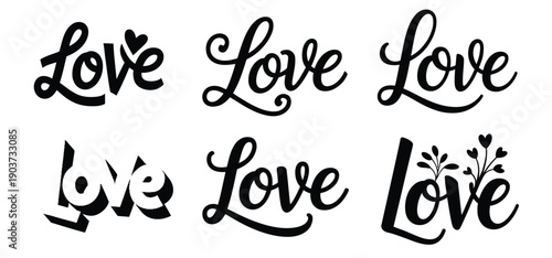A diverse collection, of elegant 'Love' lettering and typography designs for heartfelt projects