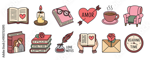 romantic symbols, and icons for love notes, reading time, affectionate messages, greeting cards, wedding stationery, and creative design projects