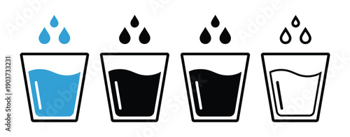 Water glass icon design featuring water drop sign, transparent drinks glass symbols, pure mineral water, cold beverage concept.