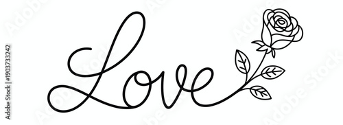 Love word, with a delicate rose and leaves illustration line art