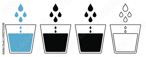 Water glass icon design featuring water drop sign, transparent drinks glass symbols, pure mineral water, cold beverage concept.