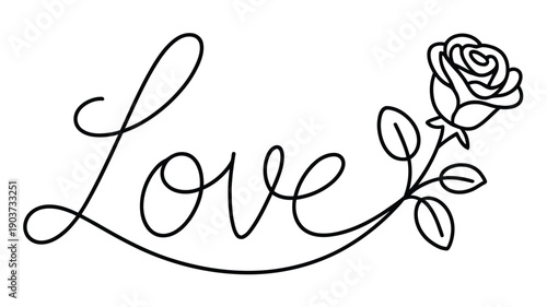 Beautiful handwritten word "Love" elegantly intertwined with a delicate rose, a symbol of affection and romance