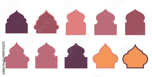 Collection of ten varied architectural silhouettes representing traditional Islamic mosque dome and arch shapes in muted earthy and pinkish color palettes for design projects