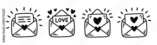  hand-drawn icons, depicting love letters and envelopes with hearts and sparkles
