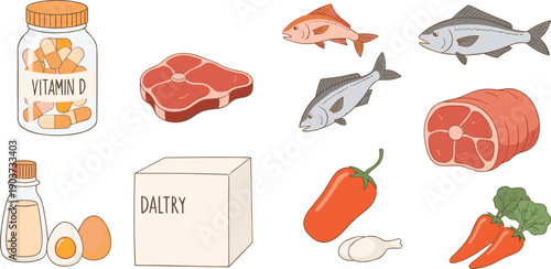 Vitamin D nutrition sources set with fish eggs supplements and healthy food icons