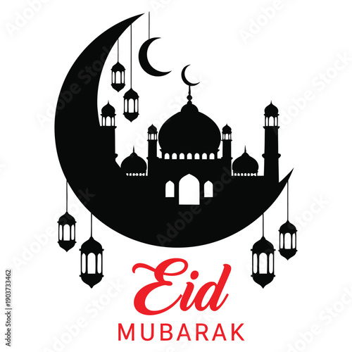 Beautiful black silhouette of a grand mosque resting against a large crescent moon accompanied by hanging lanterns wishing everyone an eid mubarak celebration
