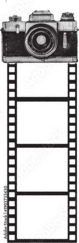 Vintage camera icon connected to black and white film strip graphic