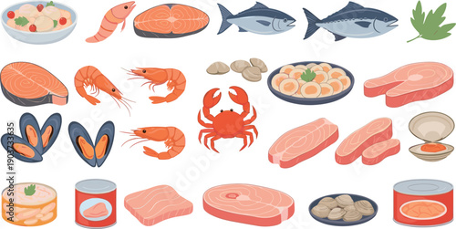 Fresh seafood and fish vector set with salmon steaks shrimp crab mussels and canned tuna