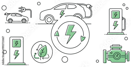 Outline illustration collection showcasing electric vehicle charging infrastructure and sustainable energy concepts for modern transportation alternatives
