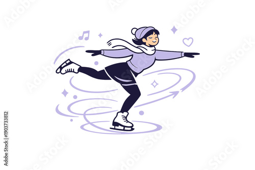 Ice skating. Skater gliding gracefully across an ice rink, curved lines tracing elegant movement. The atmosphere feels