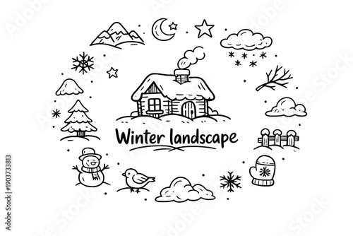 Winter landscape. Hand-drawn doodle illustration of Winter landscape. In the middle, one slightly larger central doodle