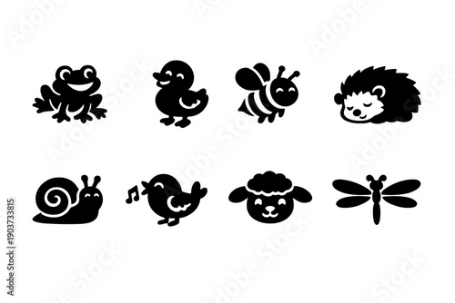 Playful spring animals. Filled icon set of Playful spring animals: hopping frog, cheerful duckling, fluttering bee,