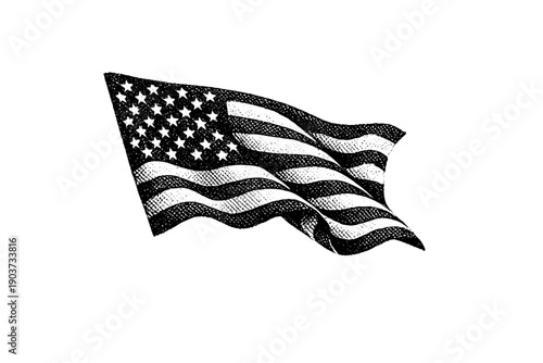 A folded flag caught in an invisible breeze yet rendered motionless, isolated as the only object, illustrated in black