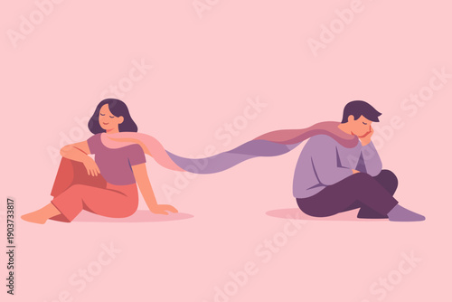 Modern flat character illustration of two people sitting apart but connected by a long flowing line or object (scarf,