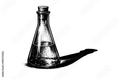 Antique chemistry flask shown upright, intense spotlight effect creating a theatrical contrast between bright glass and