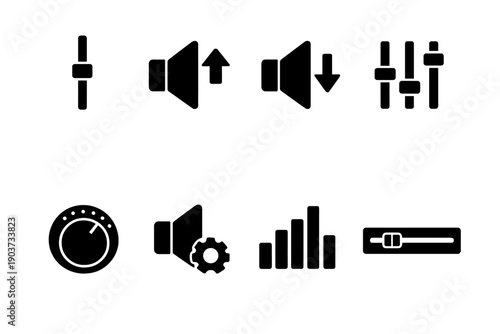Sound control. Filled icon set of Sound control: volume slider, volume up arrow, volume down arrow, sound adjustment,