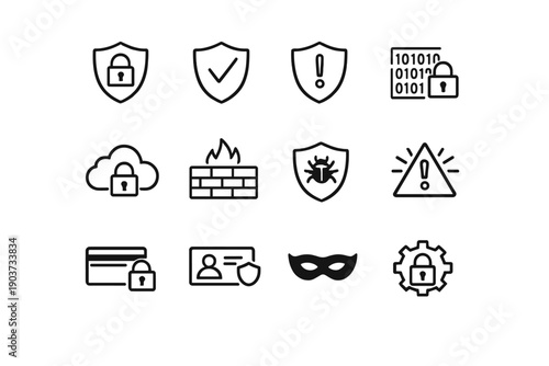Security protection icons. Line outline icon set of Security protection icons: shield lock, shield check, shield alert,